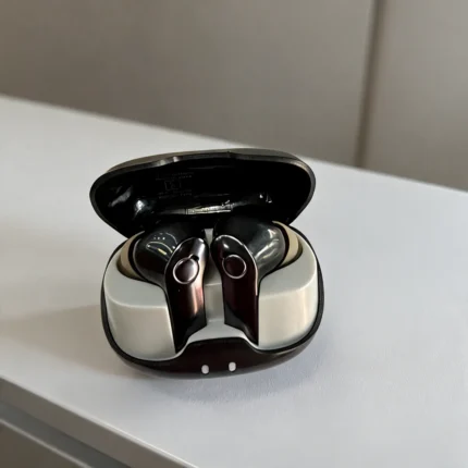 black and white true wireless earbuds with charging case