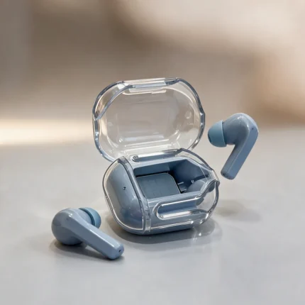 blue wireless earbuds with transparent charging case
