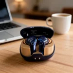 blue golden wireless earbuds