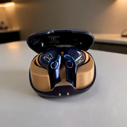 blue and golden true wireless earbuds with charging case