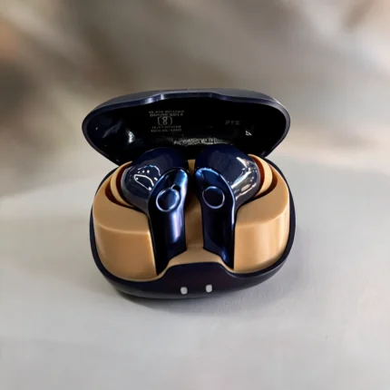 blue and golden true wireless earbuds